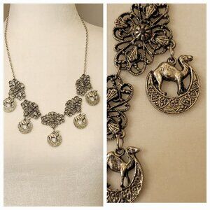 VTG Camel Crescent Moon Pendant Necklace – Ornate Metalwork Boho Statement Piece